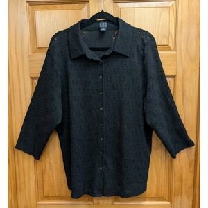 INC International Concepts Women's 1X Blouse Black Lace Semi Sheer Button-Down